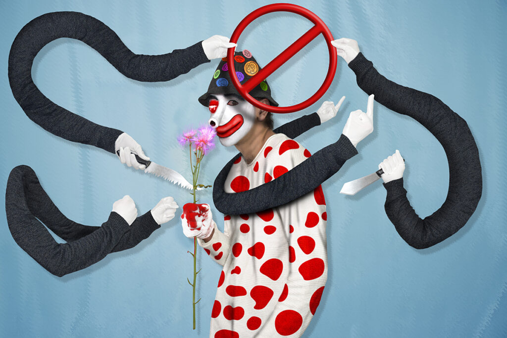 Surreal clown figure with exaggerated arms on a blue background. Getting cancelled