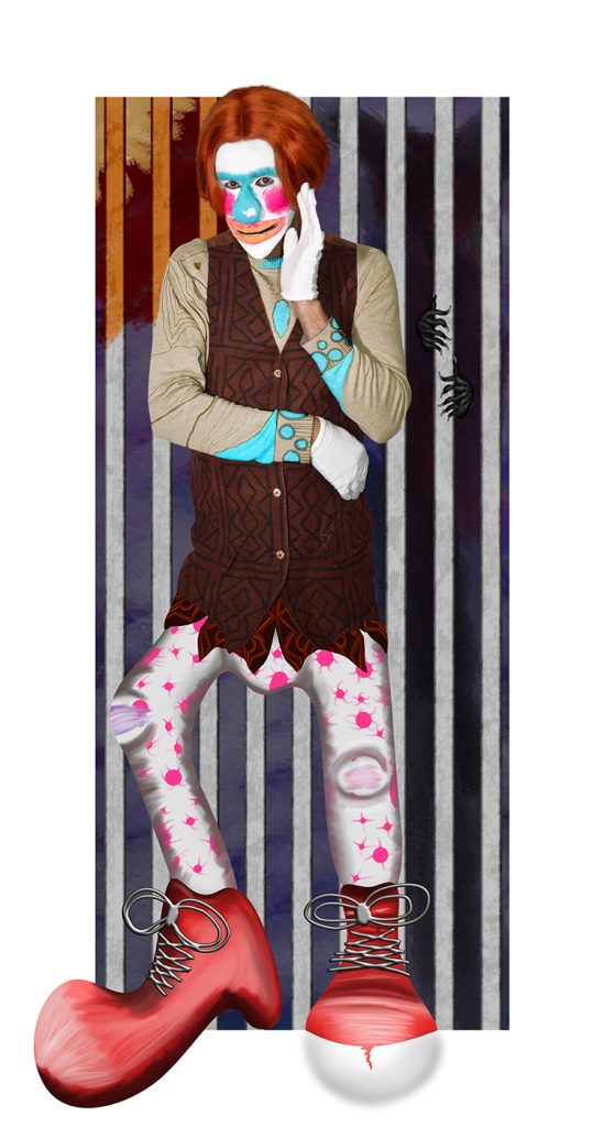 A colorful digital portrait of a clown-like figure with exaggerated red shoes, vibrant makeup, and hands pressed to its cheek, standing in front of vertical prison-like bars.