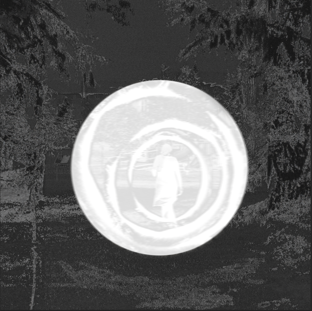 monochrome circular design with layered elements on a textured black forest background