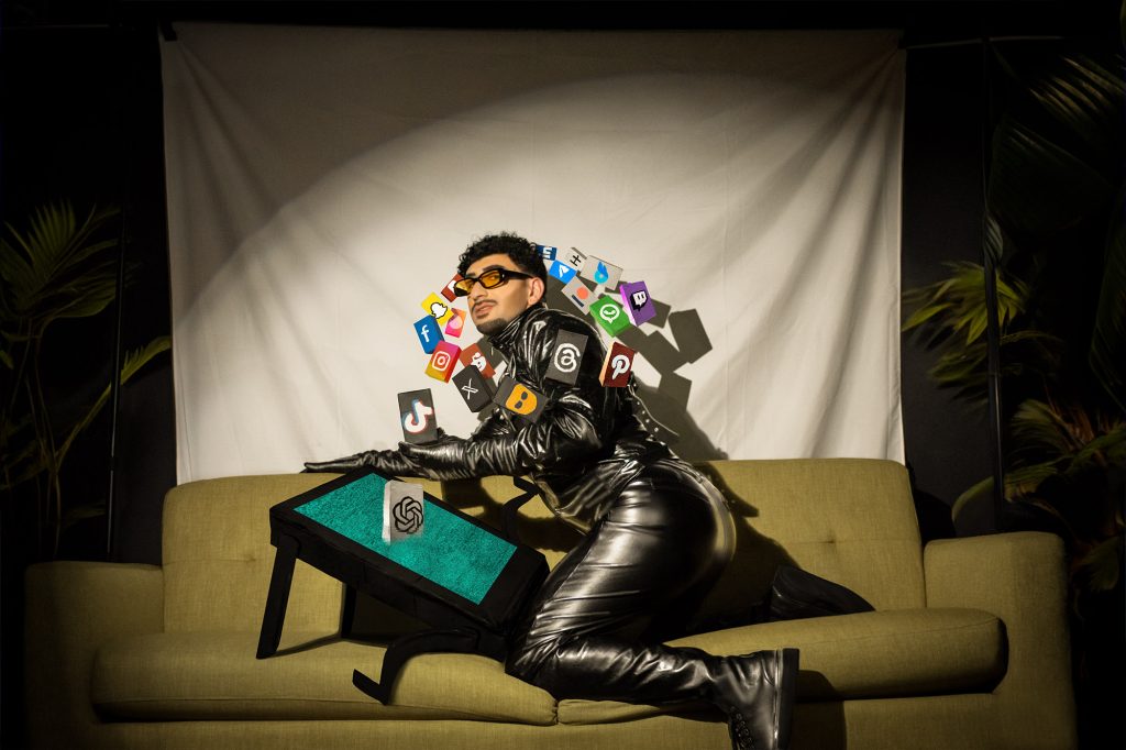 Photograph from the Hello Digital Sunshine series by Feris Majed — ‘Disconnector.’ A self-portrait of the model seated in surreal glitch aesthetics, marking the opening of the narrative.