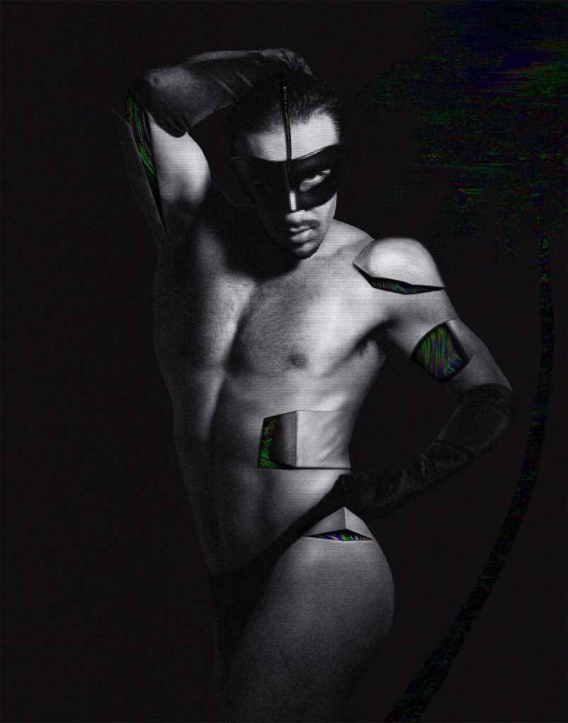 Hello Digital Sunshine by Feris Majed — ‘I Am Your Model.’ A fully masked self-portrait, the model fully consumed by digital aesthetics.