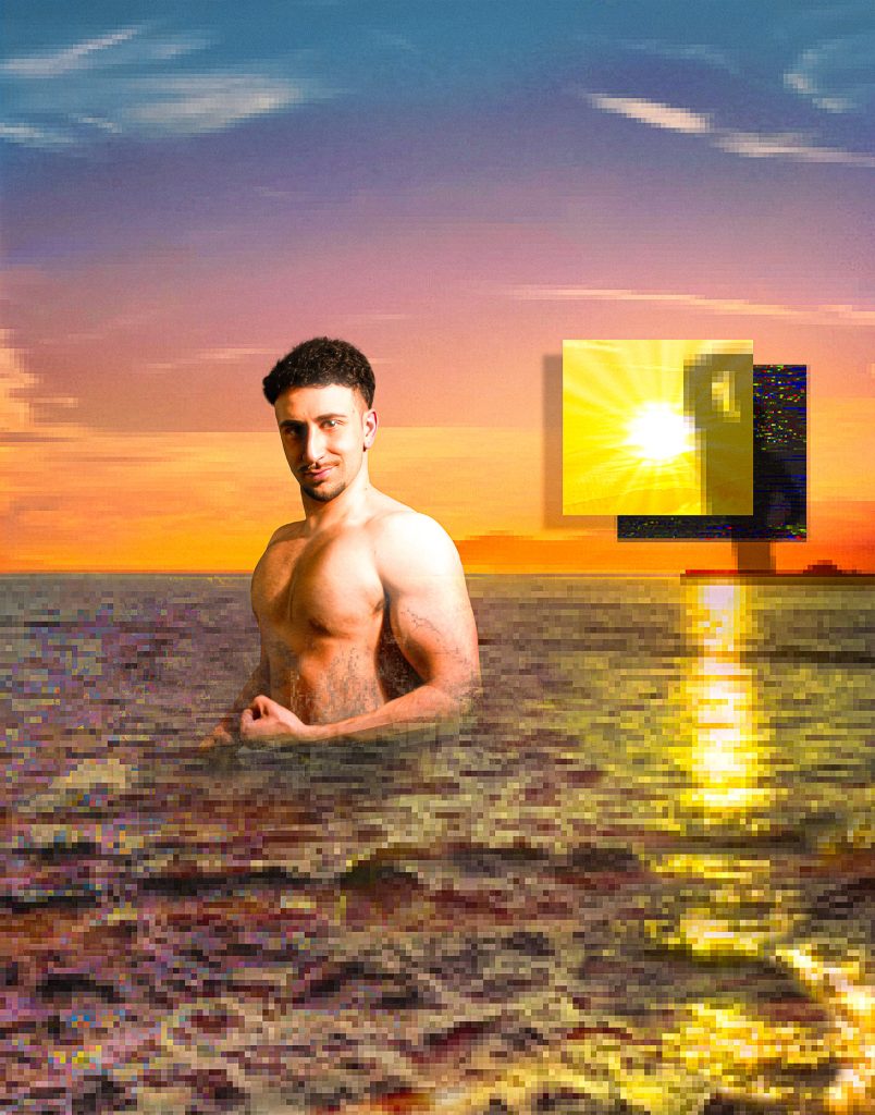 Feris Majed self-portrait — ‘I Swam in Pixel Oceans’ from Hello Digital Sunshine. A surreal, transitional image dissolving into digital waters.