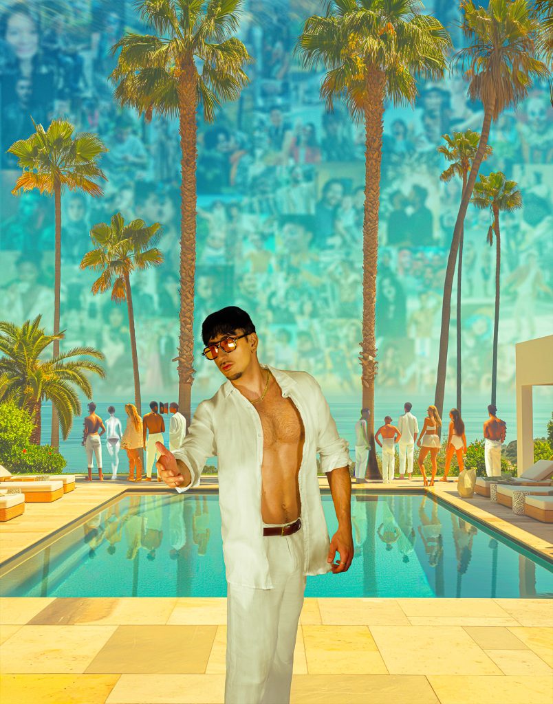 Hello Digital Sunshine by Feris Majed — ‘My Friends Render My Reality.’ A staged self-portrait where virtual connections define perception.